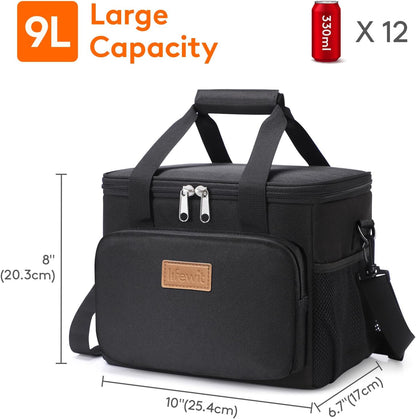 Insulated Lunch Bag - 8.5L Capacity, 12-Can Soft Cooler Tote for Adults - Black
