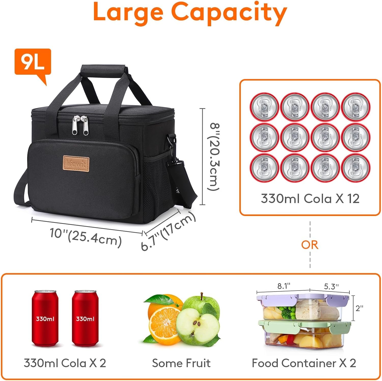 Insulated Lunch Bag - 8.5L Capacity, 12-Can Soft Cooler Tote for Adults - Black